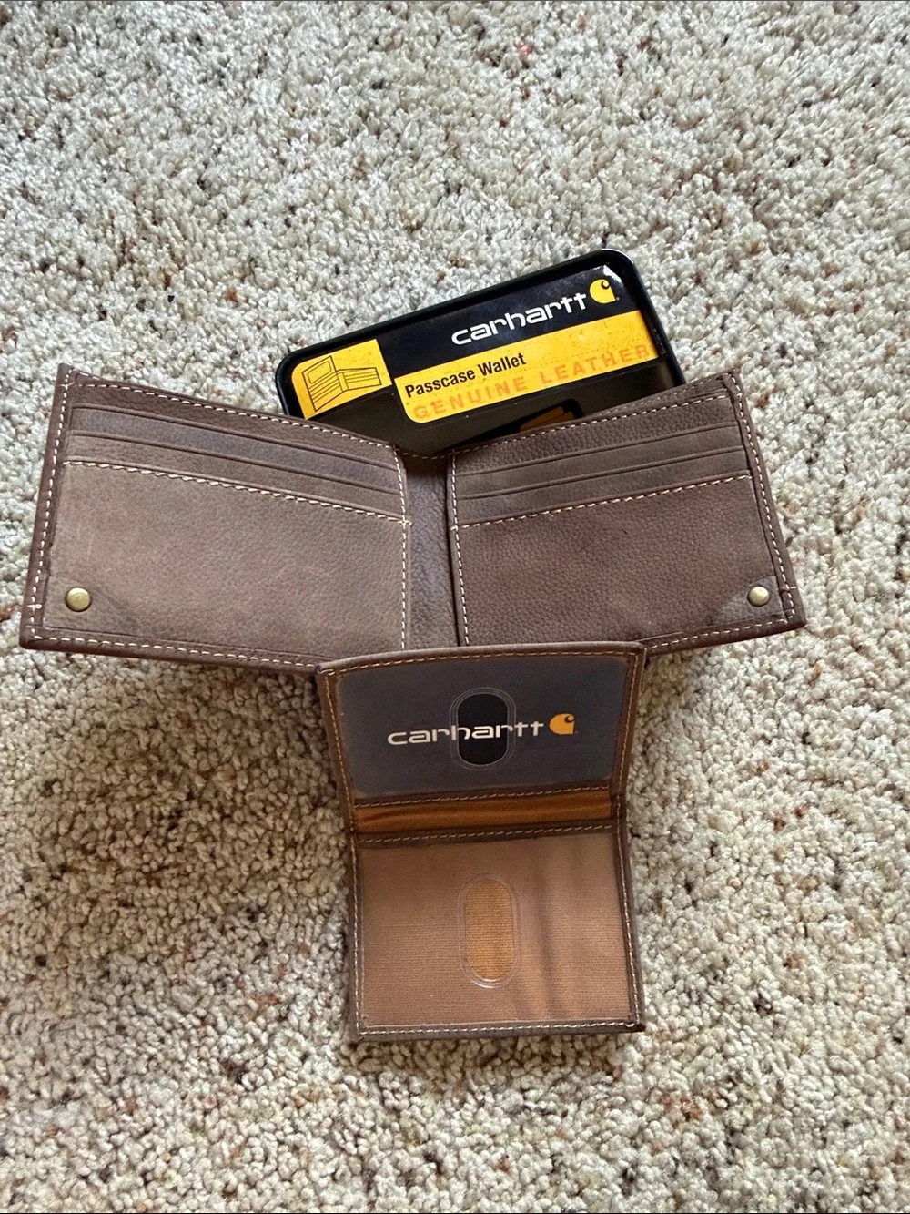 NEW Carhartt Brown Leather Passcase Wallet with Yellow Tin